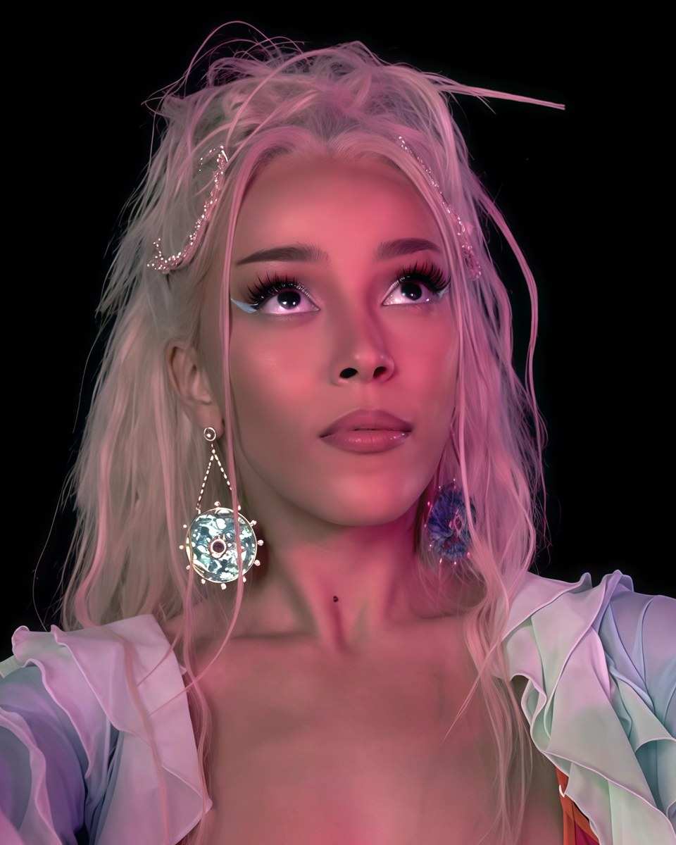 Doja Cat with platinum hair in pink light, 2021