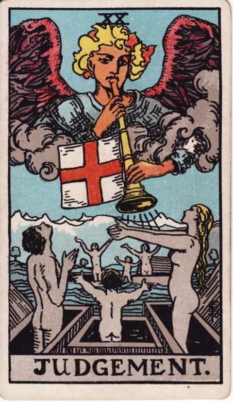 The Judgement card of the Rider–Waite–Smith deck: an angel with red wings leans out of the clouds and blows a golden trumpet hung with a white flag and a red cross, while gray naked figures rise from open coffins floating on water, arms raised, with white mountains behind