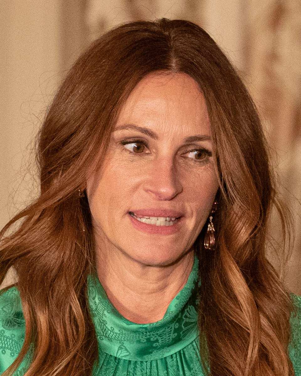Julia Roberts with long auburn hair in a green blouse in 2022