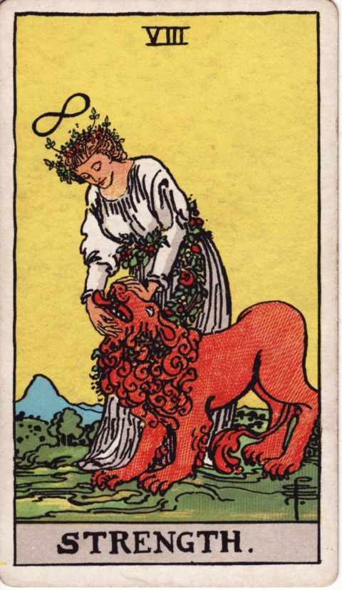 The Strength card of the Rider–Waite–Smith deck: a woman in a white gown with an infinity sign above her head gently closes the jaws of a red lion, a garland of roses around her waist, a yellow sky and a blue mountain behind