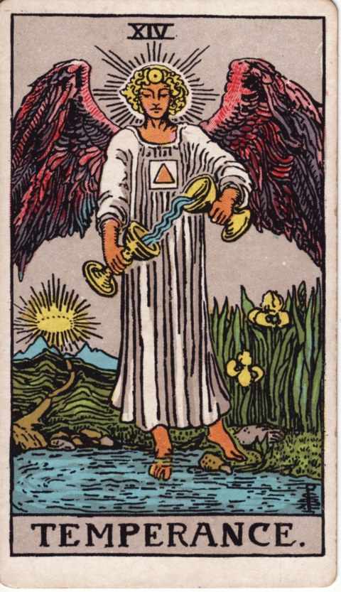 The Temperance card of the Rider–Waite–Smith deck: an angel with red wings and a white robe pours water from one cup into another, one foot in a pool and one on the bank, irises beside the water and a path to a glowing light in the mountains