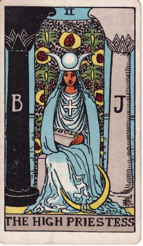 The High Priestess card of the Rider–Waite–Smith deck: a woman in blue robes sits between a black pillar marked B and a white pillar marked J, a horned crown with a moon disc, a scroll marked TORA in her lap, a crescent moon at her feet
