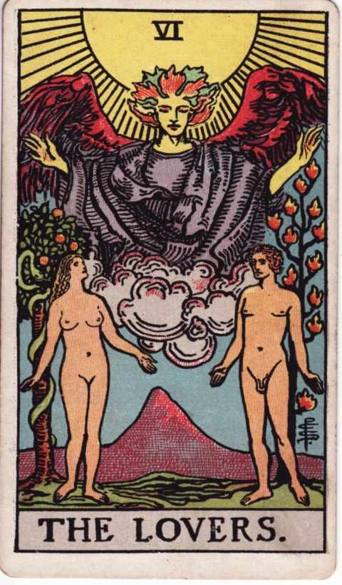 The Lovers card of the Rider–Waite–Smith deck: an angel with red wings above a nude man and woman, a flaming tree behind him, an apple tree with a serpent behind her
