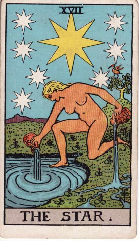 The Star card of the Rider–Waite–Smith deck: a naked woman kneels with one knee on the bank and one foot on a pool, pouring water from two jugs into the pool and onto the land under a large yellow eight-pointed star and seven small white stars, a bird in a tree on the hill behind
