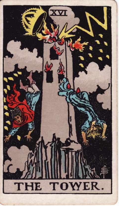 The Tower card of the Rider–Waite–Smith deck: lightning strikes a gray stone tower on a rocky peak and knocks off its golden crown, flames burst from the windows and two people fall headfirst against a black sky full of small flames