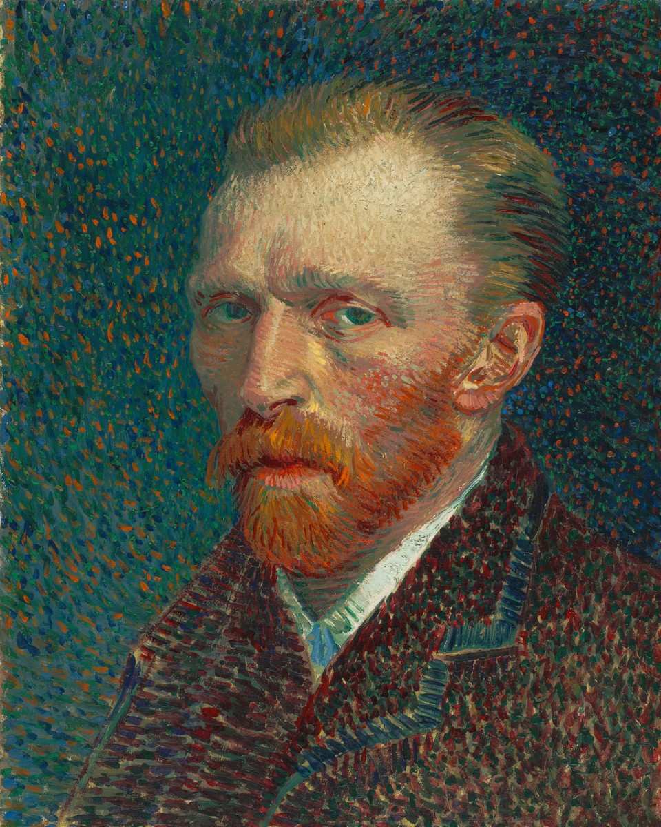 Self-portrait painting by Vincent van Gogh: a red-bearded man in three-quarter view in a dark jacket, against a background of blue-green brushstrokes