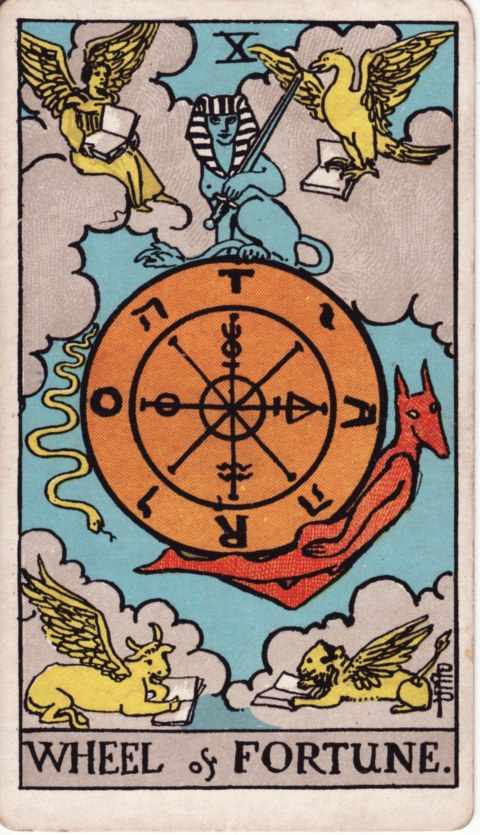 The Wheel of Fortune card of the Rider–Waite–Smith deck: an orange wheel marked with the letters T, A, R, O and Hebrew letters floats in the clouds, a sphinx with a sword sits on top, a snake on the left and a red jackal-headed figure on the right, winged creatures with books in the four corners